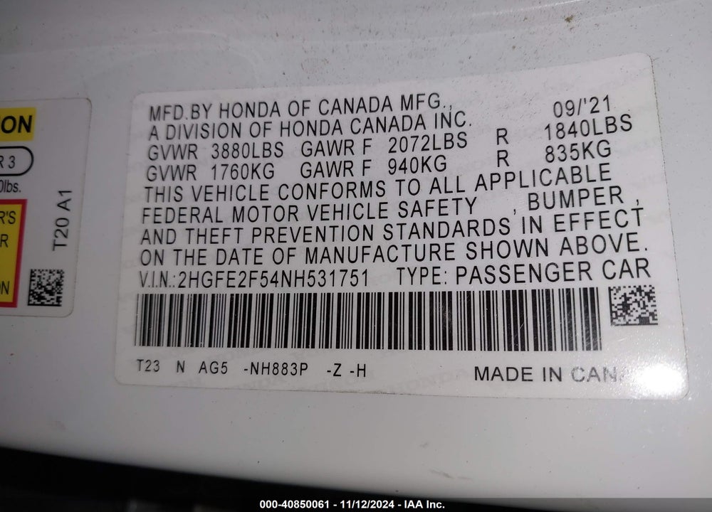 2022 HONDA CIVIC VIN: 2HGFE2F54NH531751