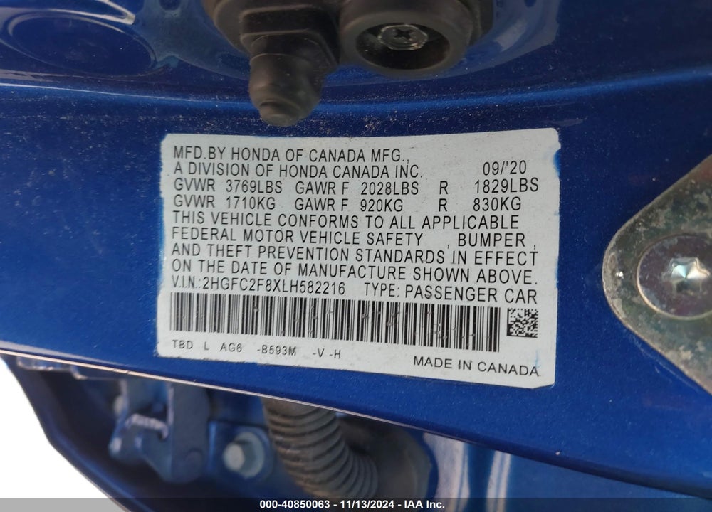 2020 HONDA CIVIC SPORT VIN: 2HGFC2F8XLH582216