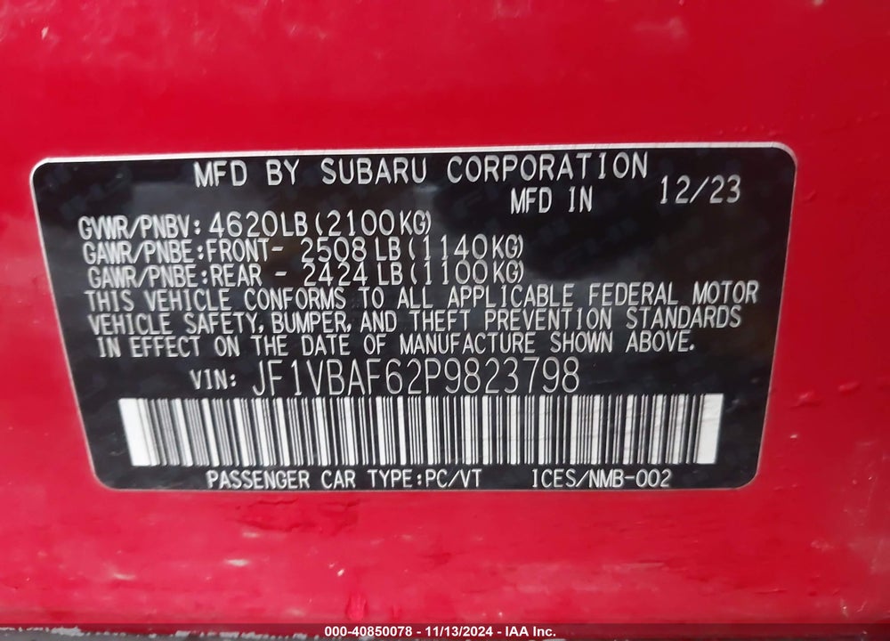 2023 SUBARU WRX PREMIUM VIN: JF1VBAF62P9823798