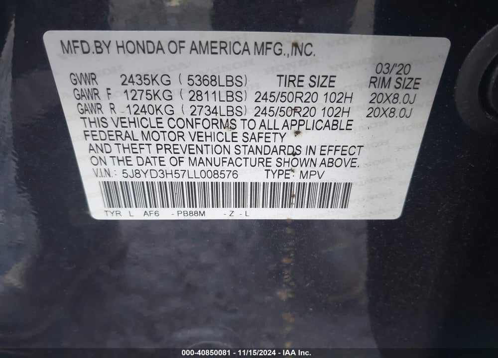 2020 ACURA MDX TECHNOLOGY PACKAGE VIN: 5J8YD3H57LL008576