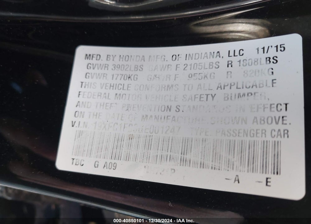 2016 HONDA CIVIC TOURING VIN: 19XFC1F96GE001247