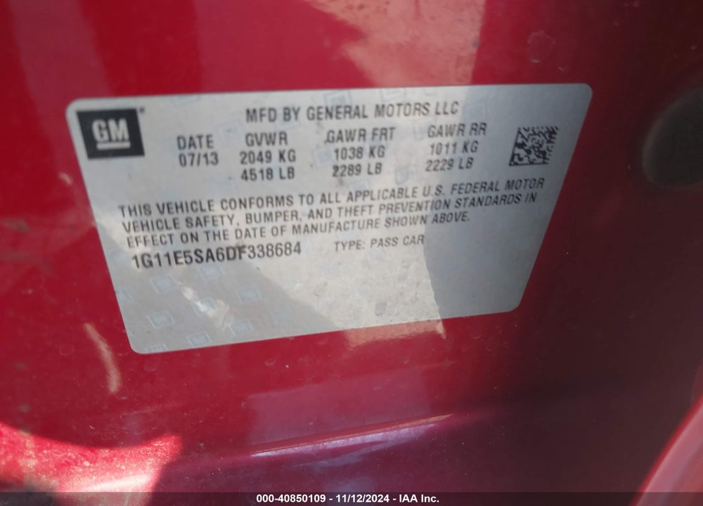 2013 CHEVROLET MALIBU 2LT VIN: 1G11E5SA6DF338684