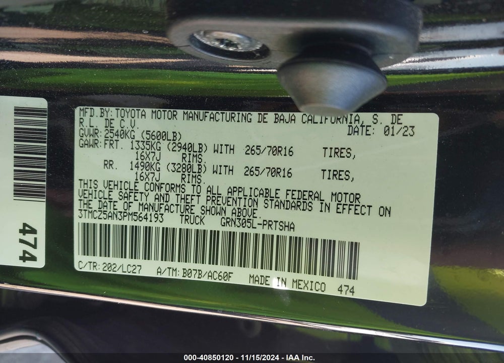 2023 TOYOTA TACOMA TRD OFF ROAD VIN: 3TMCZ5AN3PM564193