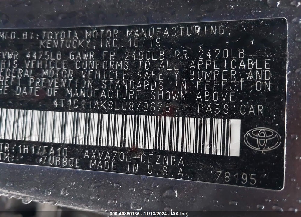 2020 TOYOTA CAMRY LE VIN: 4T1C11AK8LU879675