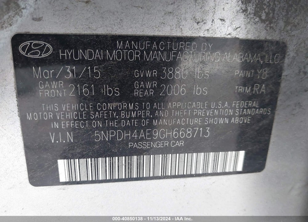2016 HYUNDAI ELANTRA LIMITED VIN: 5NPDH4AE9GH668713