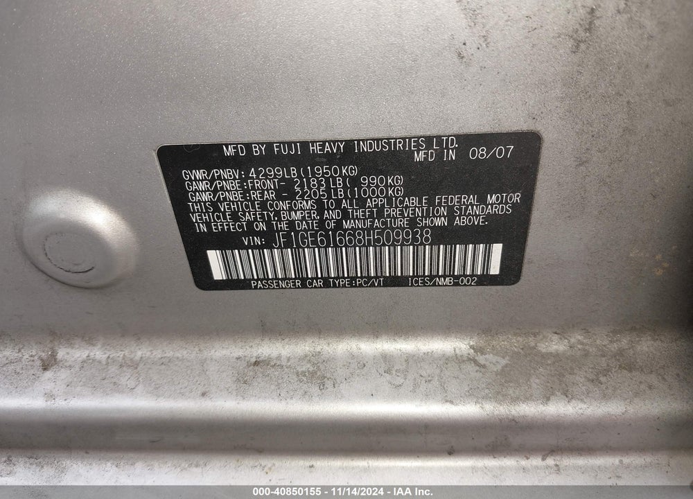 2008 SUBARU IMPREZA 2.5I VIN: JF1GE61668H509938