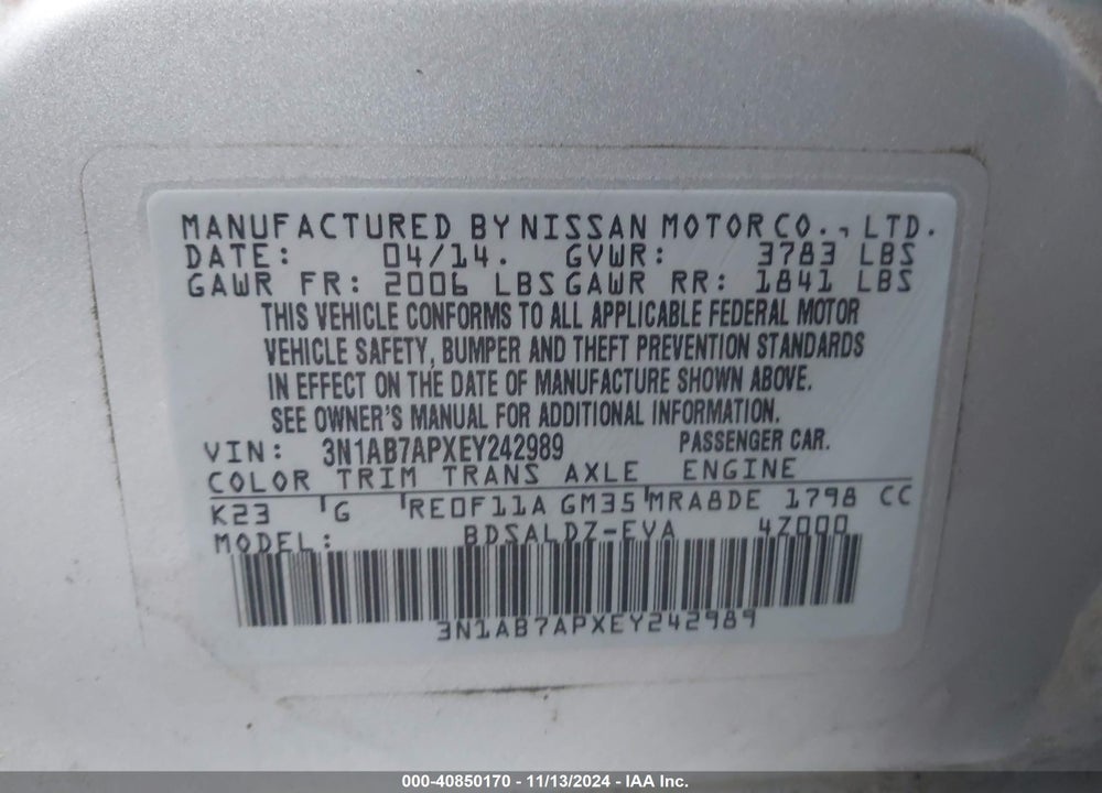 2014 NISSAN SENTRA FE+ S/FE+ SV/S/SL/SR/SV VIN: 3N1AB7APXEY242989