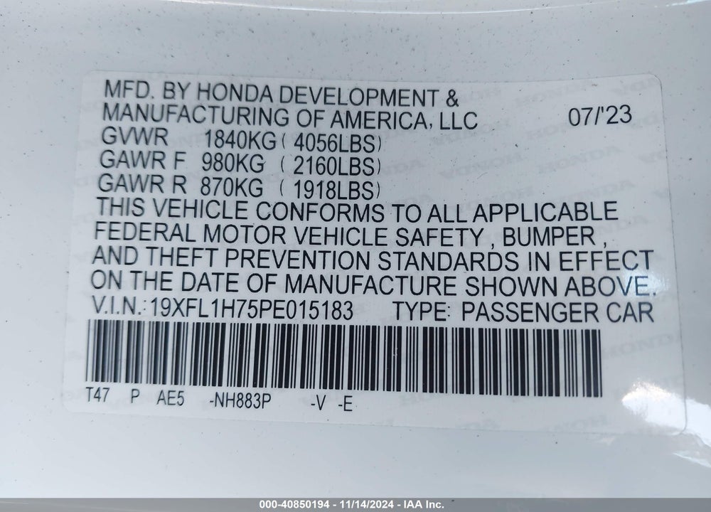2023 HONDA CIVIC EX-L /EX-L W/O BSI VIN: 19XFL1H75PE015183