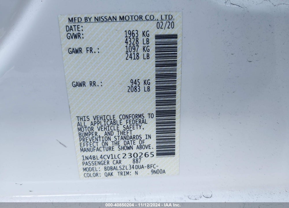 2020 NISSAN ALTIMA SR FWD VIN: 1N4BL4CV1LC230265