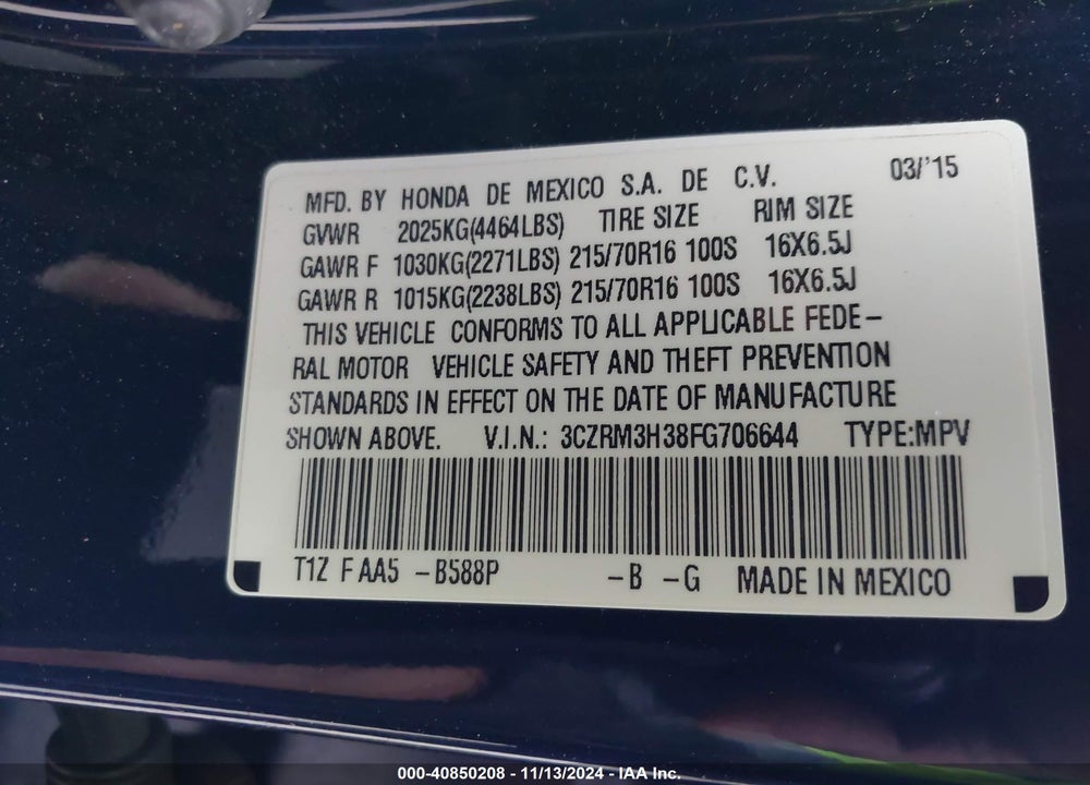 2015 HONDA CR-V LX VIN: 3CZRM3H38FG706644