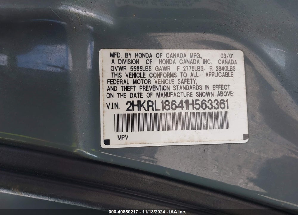 2001 HONDA ODYSSEY EX VIN: 2HKRL18641H563361