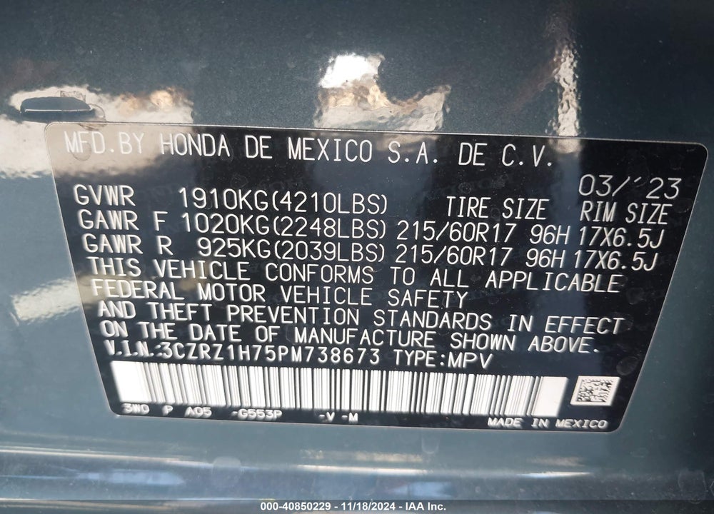 2023 HONDA HR-V 2WD EX-L VIN: 3CZRZ1H75PM738673