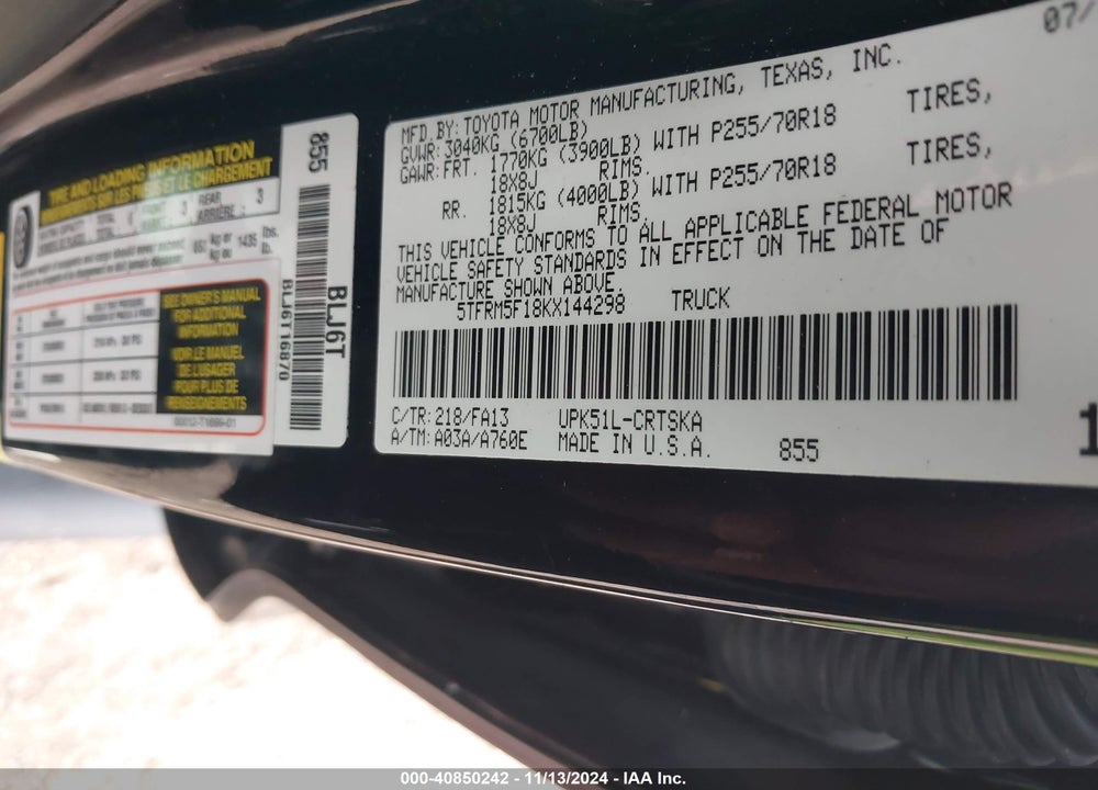 2019 TOYOTA TUNDRA VIN: 5TFRM5F18KX144298