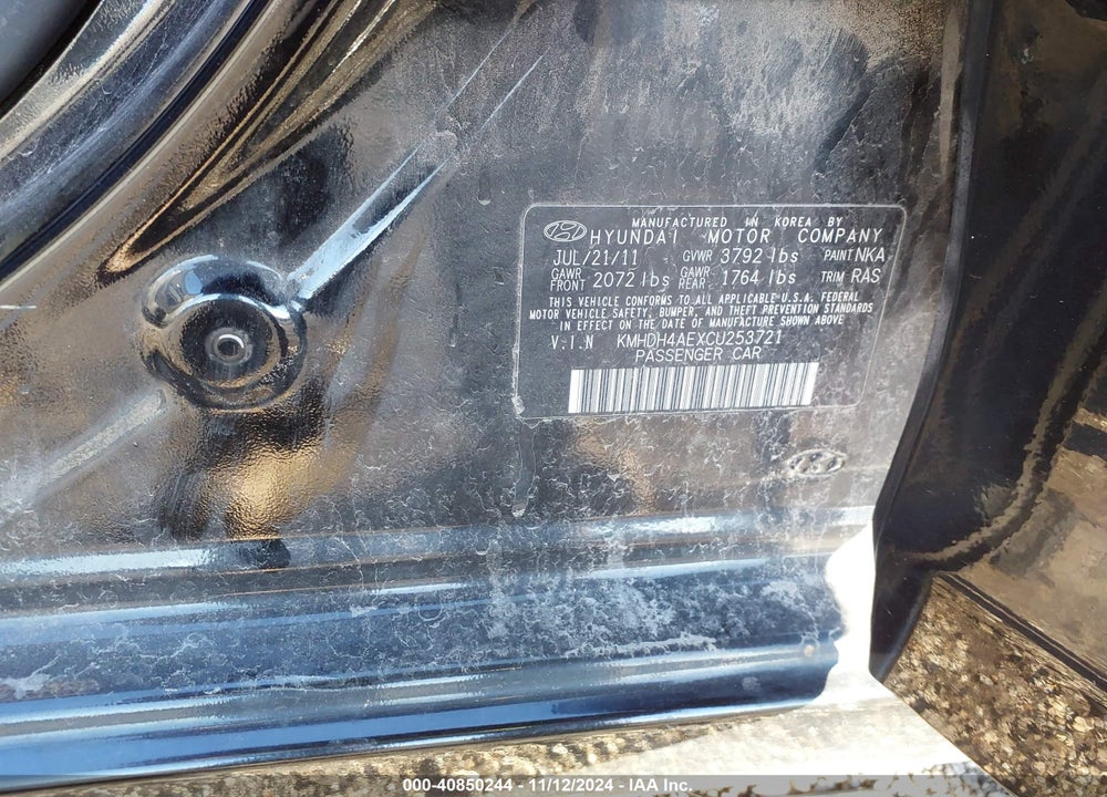 2012 HYUNDAI ELANTRA LIMITED (ULSAN PLANT) VIN: KMHDH4AEXCU253721