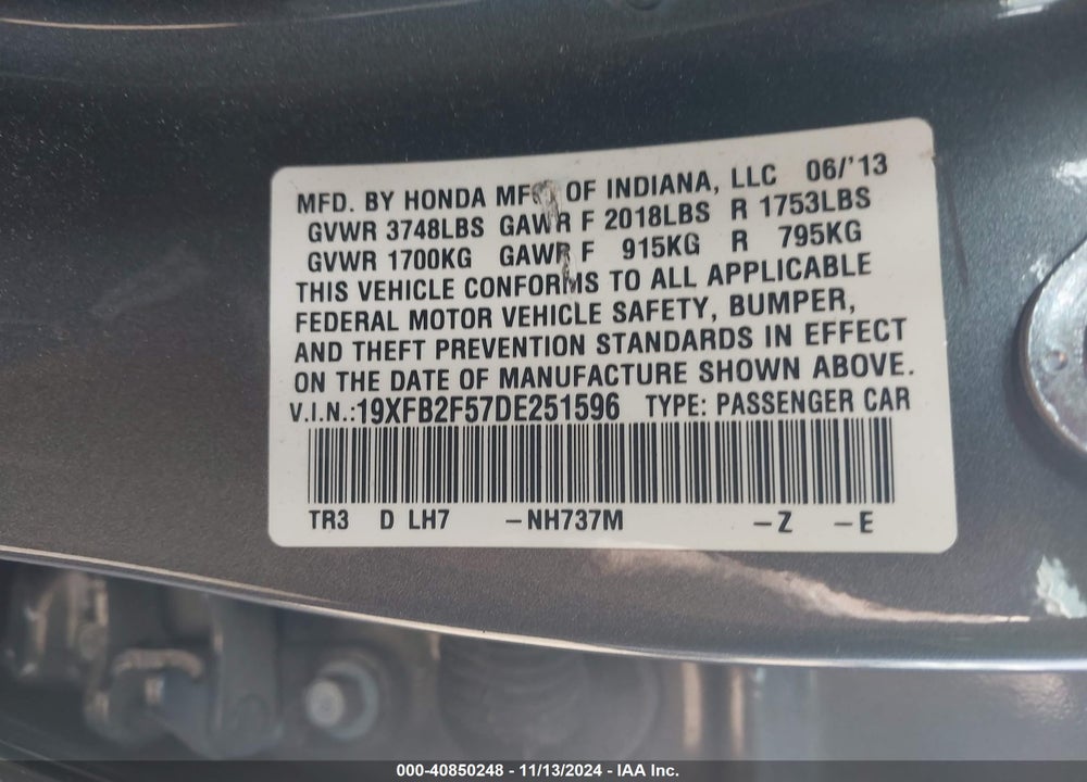 2013 HONDA CIVIC LX VIN: 19XFB2F57DE251596