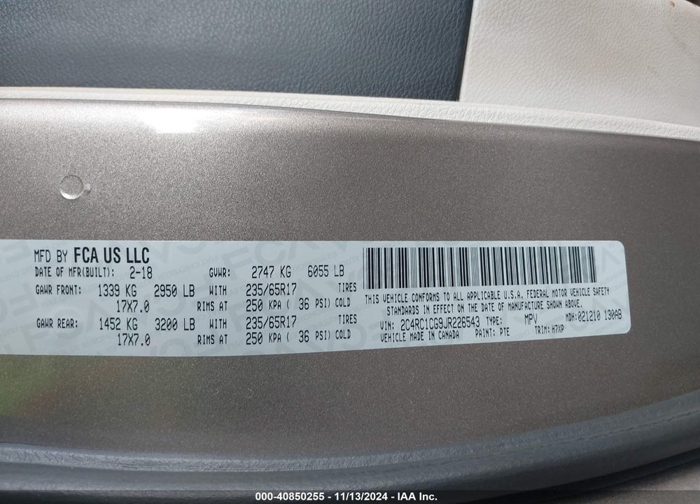 2018 CHRYSLER PACIFICA VIN: 2C4RC1CG9JR226543