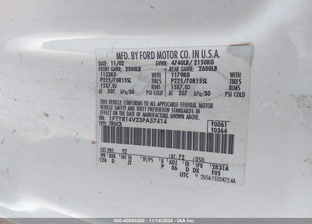 2003 FORD RANGER EDGE/TREMOR/XL/XLT VIN: 1FTYR14V23PA57414