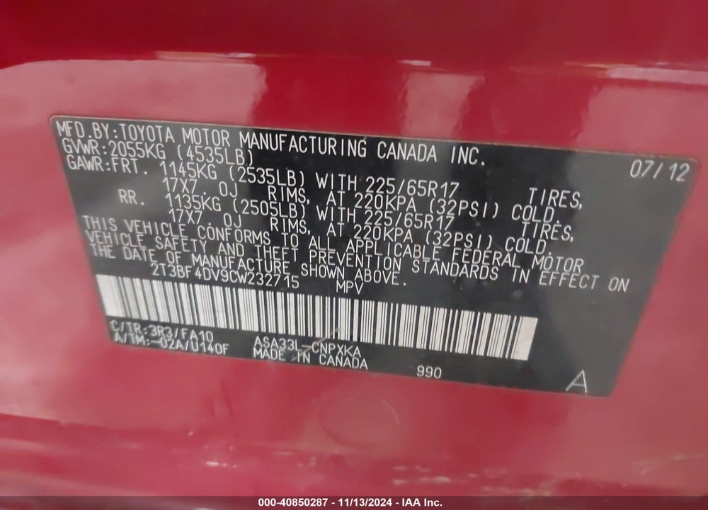 2012 TOYOTA RAV4 VIN: 2T3BF4DV9CW232715