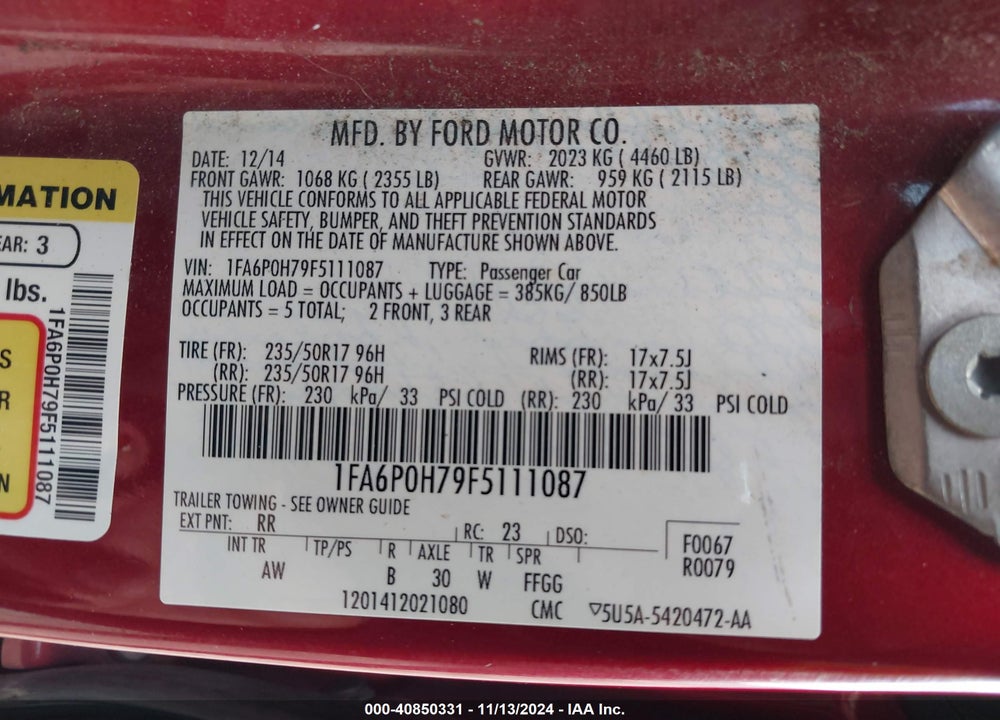 2015 FORD FUSION VIN: 1FA6P0H79F5111087