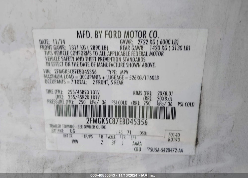 2014 FORD FLEX SEL VIN: 2FMGK5C87EBD45356