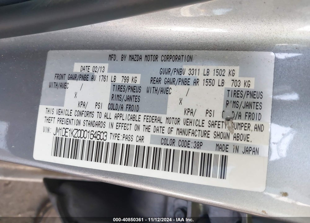 2013 MAZDA 2 SPORT VIN: JM1DE1KZ0D0164603