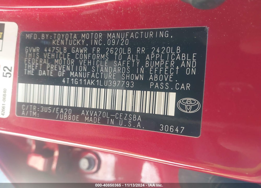 2020 TOYOTA CAMRY SE VIN: 4T1G11AK1LU397793