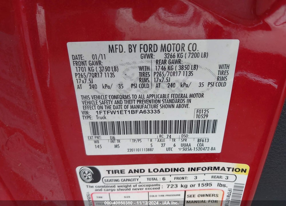 2011 FORD F150 VIN: 1FTFW1ET1BFA63335