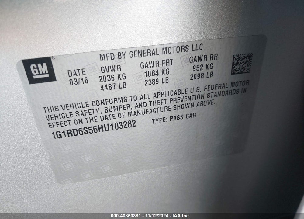 2017 CHEVROLET VOLT PREMIER VIN: 1G1RD6S56HU103282