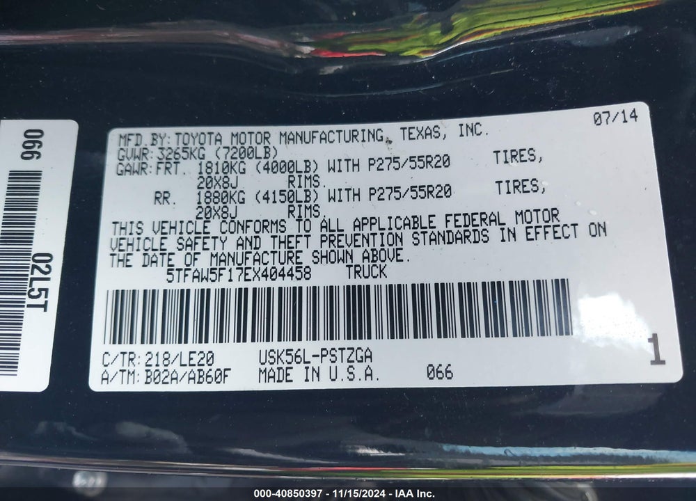 2014 TOYOTA TUNDRA PLATINUM 5.7L V8 VIN: 5TFAW5F17EX404458