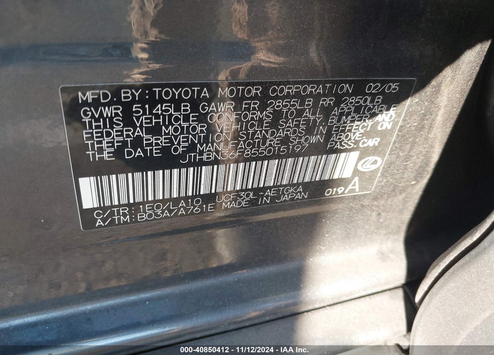 2005 LEXUS LS 430 VIN: JTHBN36F855015197