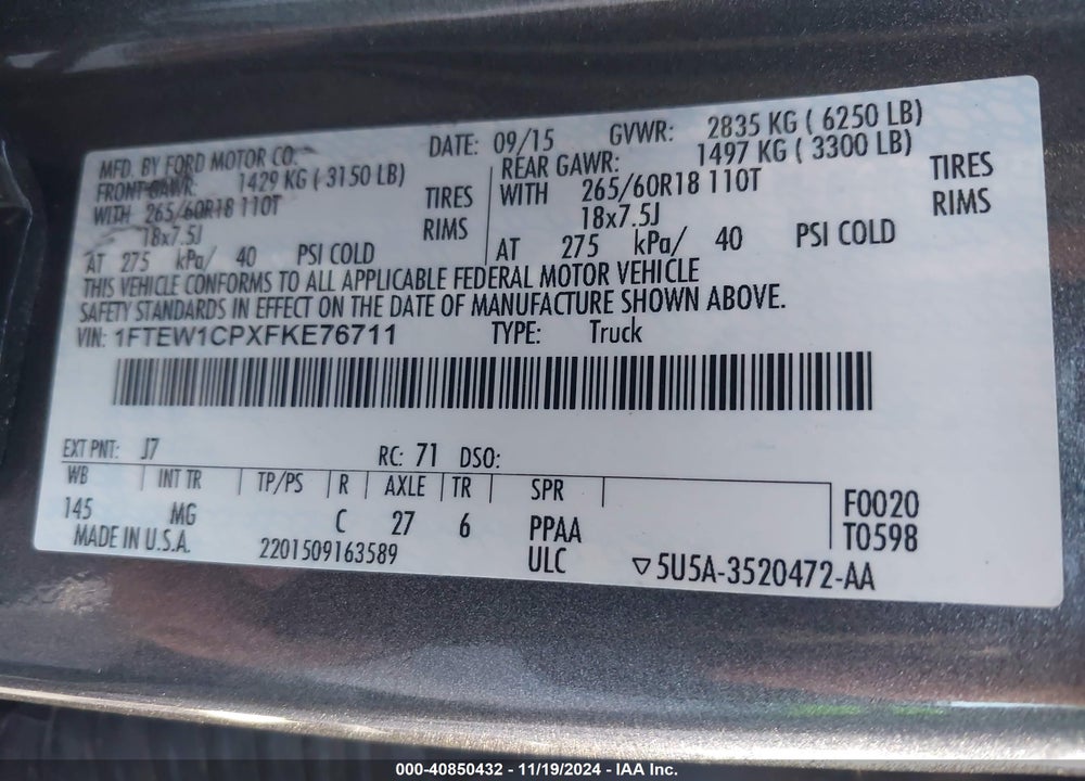 2015 FORD F-150 XLT VIN: 1FTEW1CPXFKE76711
