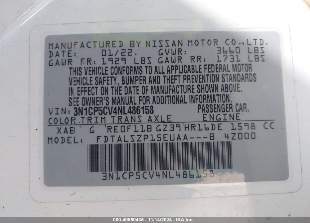 2022 NISSAN KICKS SV XTRONIC CVT VIN: 3N1CP5CV4NL486158