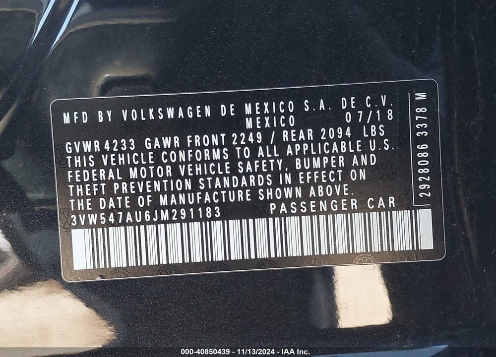 2018 VOLKSWAGEN GOLF GTI 2.0T AUTOBAHN/2.0T S/2.0T SE VIN: 3VW547AU6JM291183