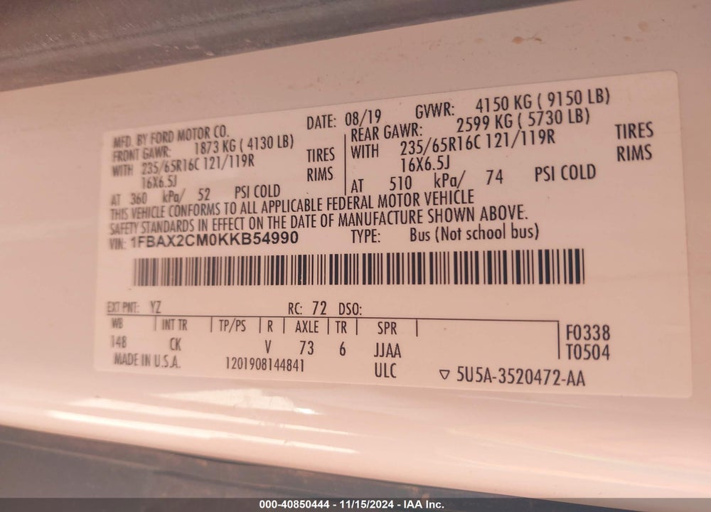 2019 FORD TRANSIT-350 XLT VIN: 1FBAX2CM0KKB54990