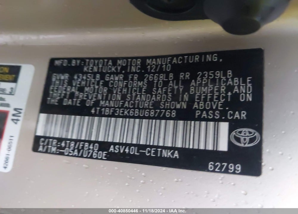 2011 TOYOTA CAMRY LE VIN: 4T1BF3EK6BU687768