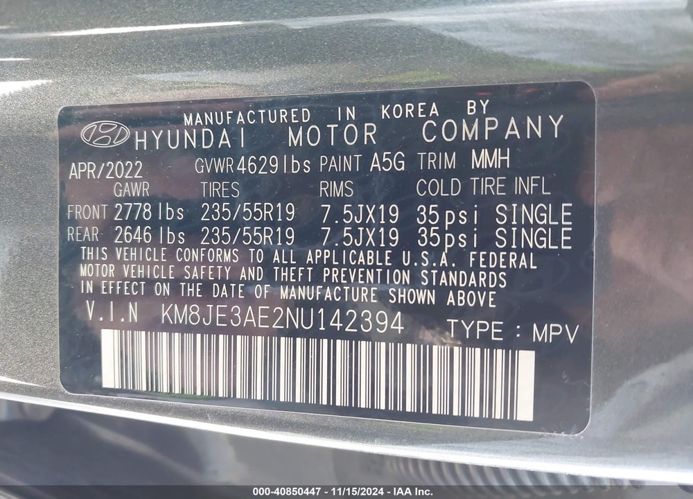 2022 HYUNDAI TUCSON LIMITED VIN: KM8JE3AE2NU142394