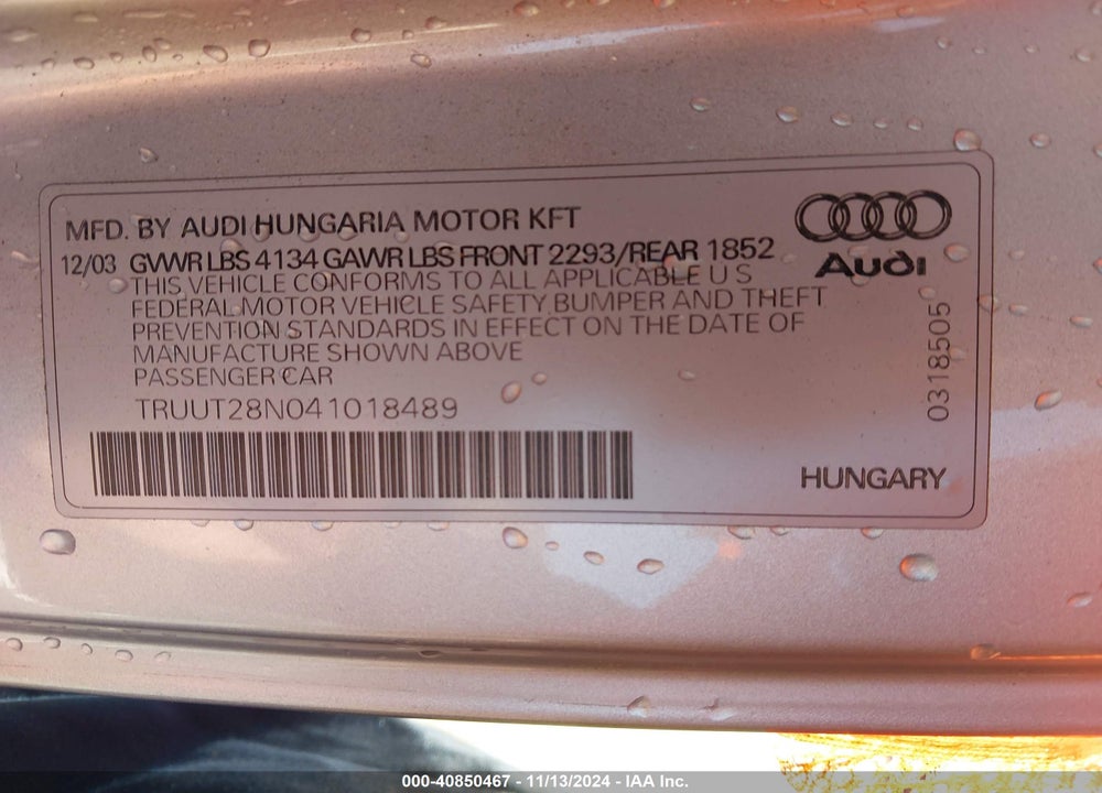 2004 AUDI TT 1.8L VIN: TRUUT28N041018489