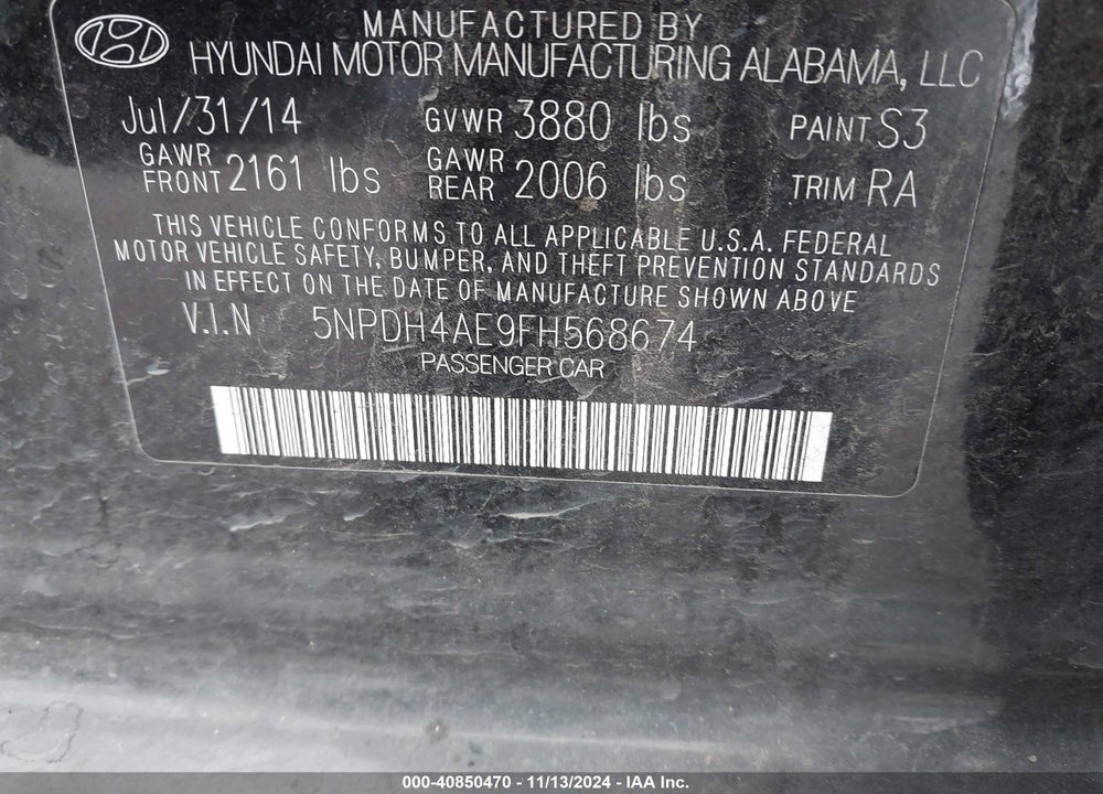 2015 HYUNDAI ELANTRA SE VIN: 5NPDH4AE9FH568674
