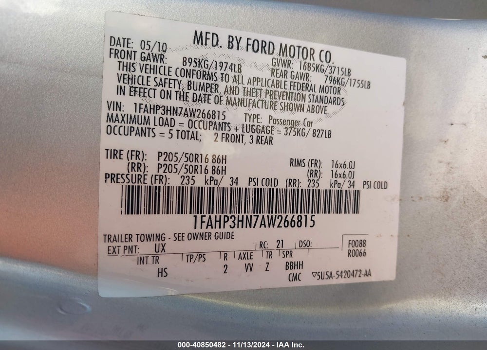 2010 FORD FOCUS SEL VIN: 1FAHP3HN7AW266815