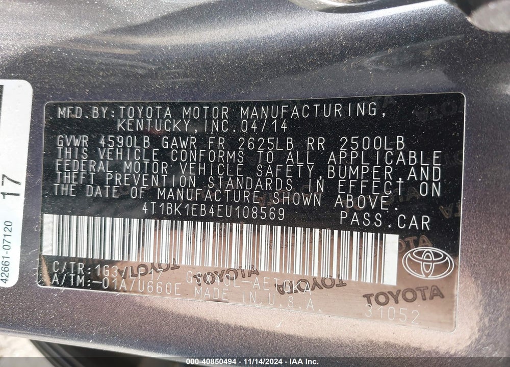 2014 TOYOTA AVALON VIN: 4T1BK1EB4EU108569