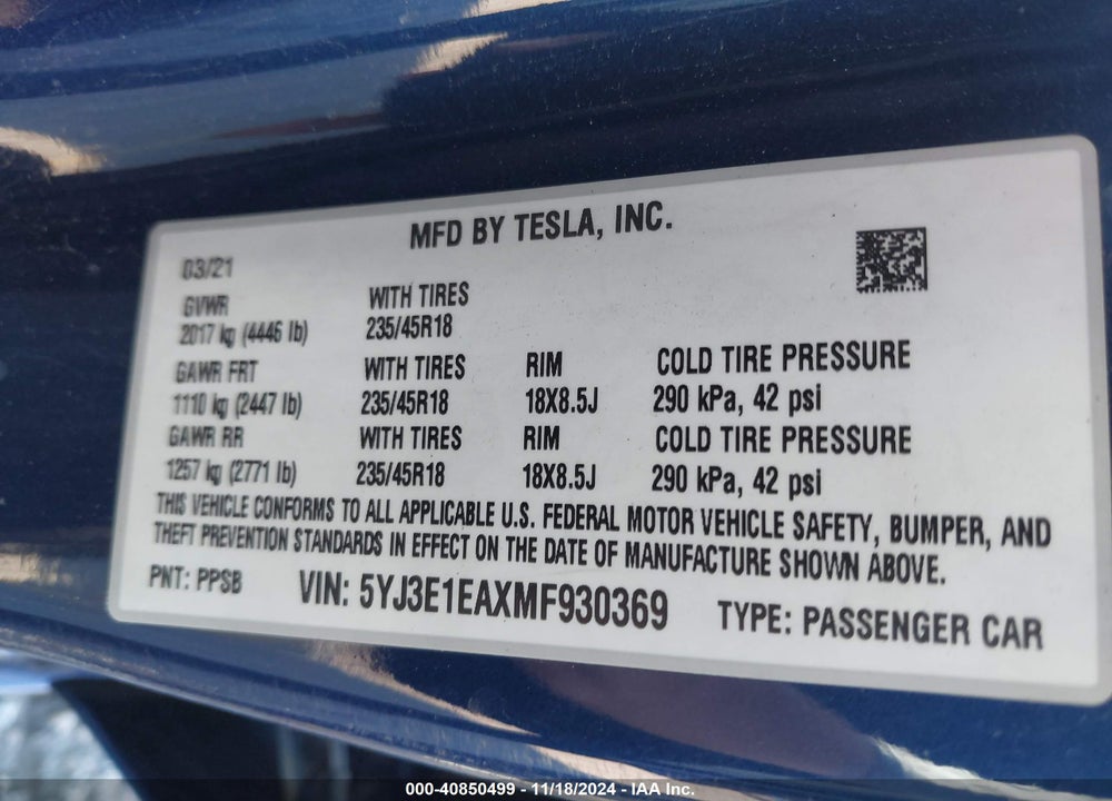 2021 TESLA MODEL 3 STANDARD RANGE PLUS REAR-WHEEL DRIVE VIN: 5YJ3E1EAXMF930369