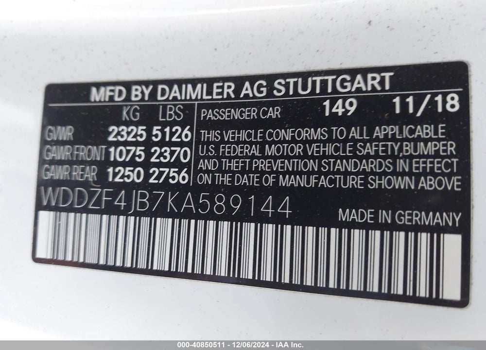 2019 MERCEDES-BENZ E 300 VIN: WDDZF4JB7KA589144