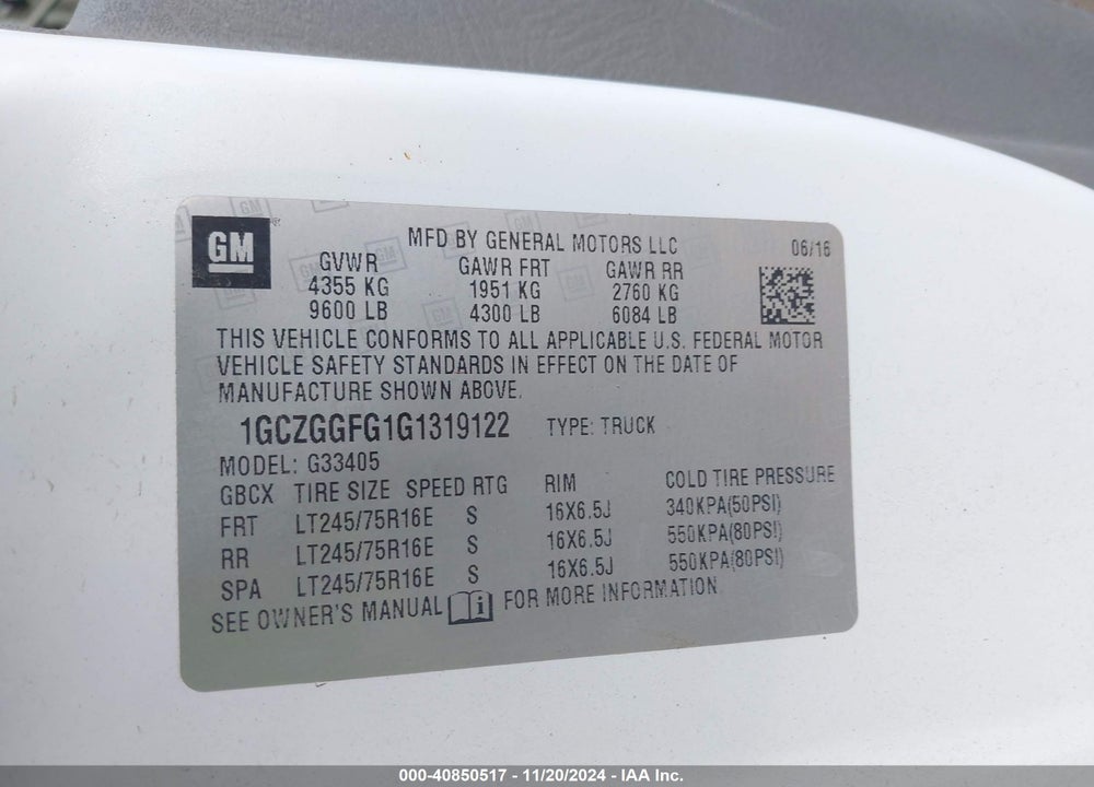 2016 CHEVROLET EXPRESS 3500 VIN: 1GCZGGFG1G1319122