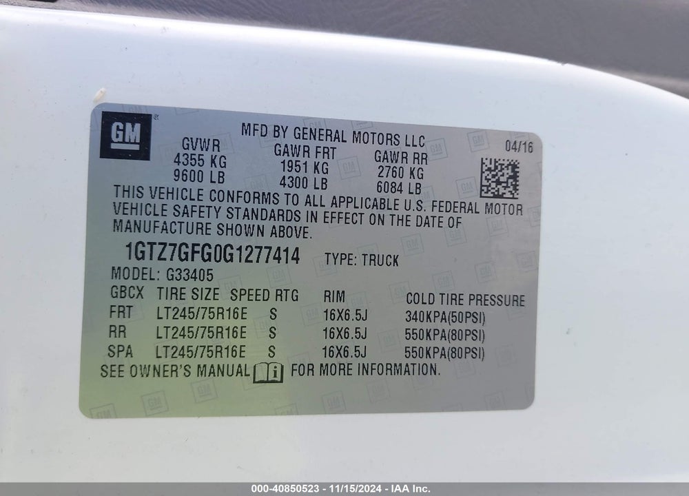 2016 GMC SAVANA 3500 VIN: 1GTZ7GFG0G1277414