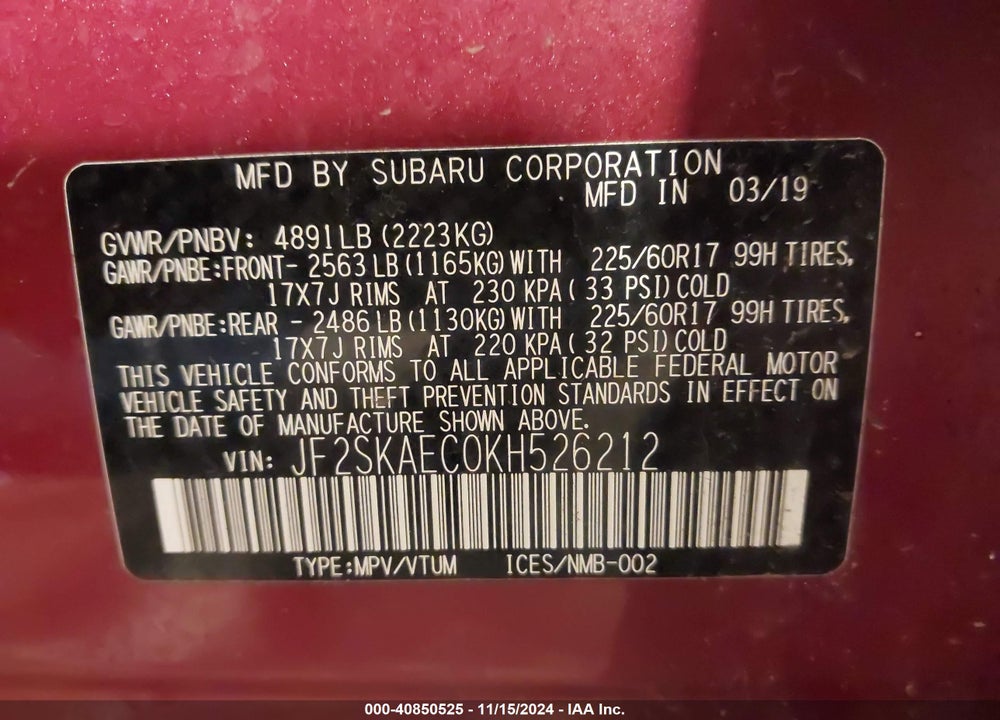 2019 SUBARU FORESTER PREMIUM VIN: JF2SKAEC0KH526212