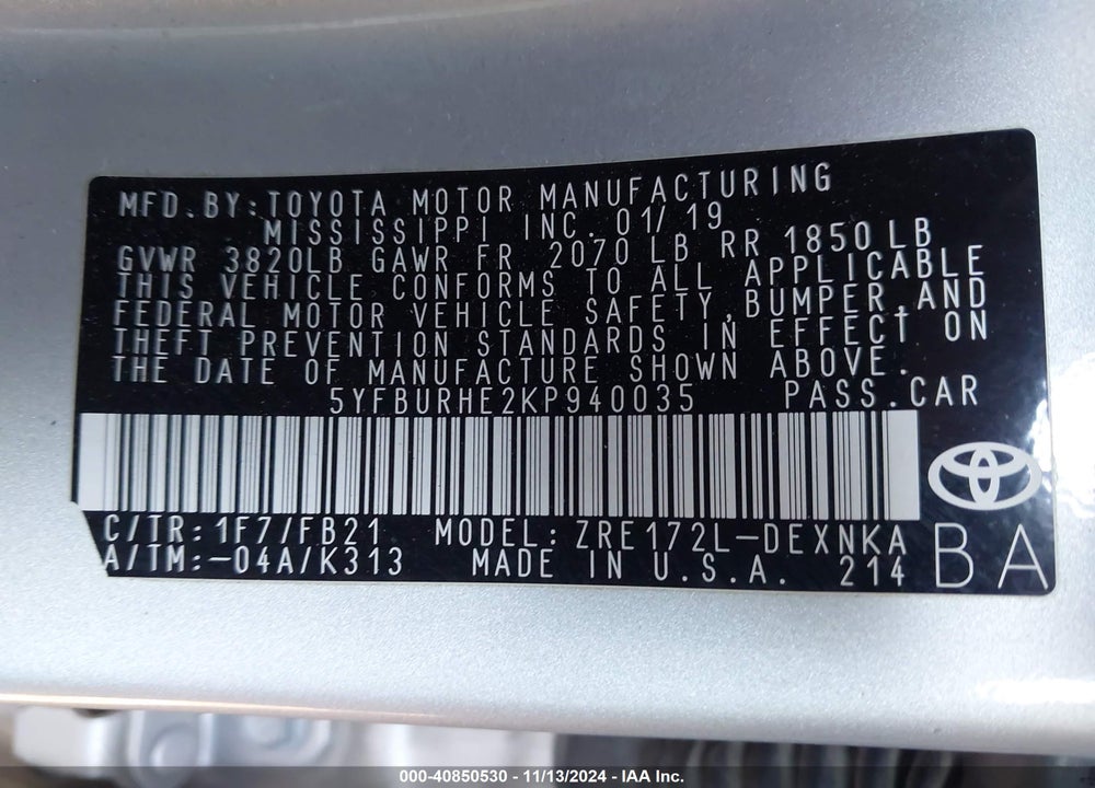 2019 TOYOTA COROLLA LE VIN: 5YFBURHE2KP940035