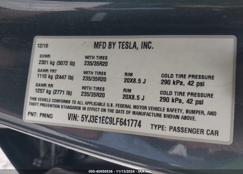 2020 TESLA MODEL 3 PERFORMANCE DUAL MOTOR ALL-WHEEL DRIVE VIN: 5YJ3E1EC9LF641774