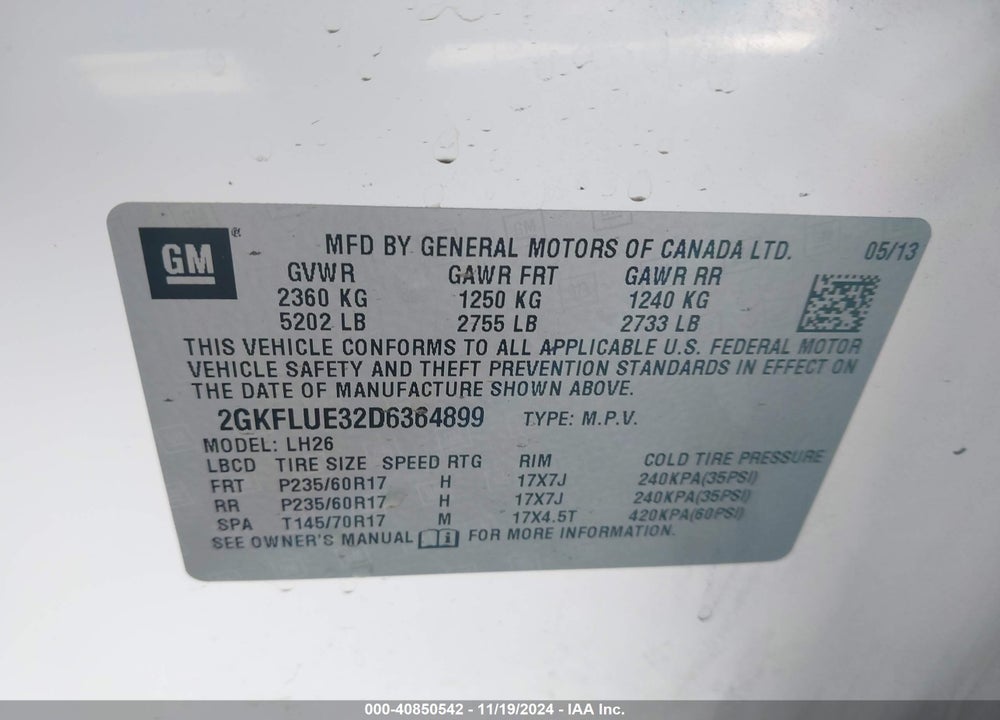 2013 GMC TERRAIN SLT-1 VIN: 2GKFLUE32D6364899