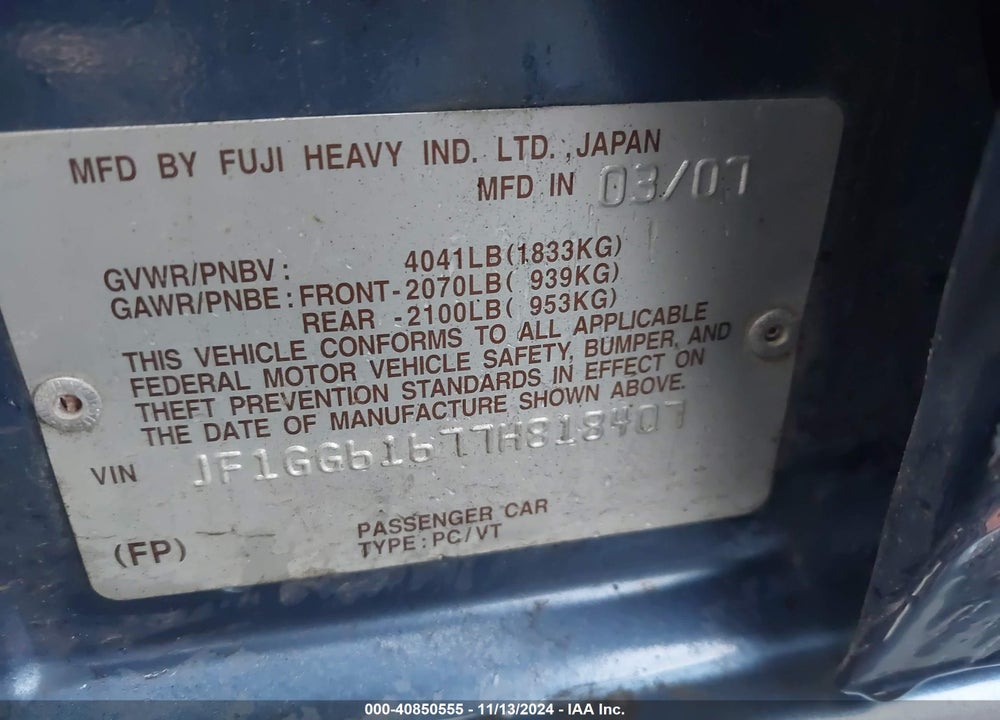 2007 SUBARU IMPREZA 2.5I VIN: JF1GG61677H818407