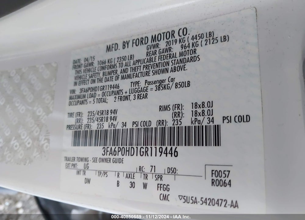 2016 FORD FUSION SE VIN: 3FA6P0HD1GR119446